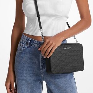 Michael Kors Logo Crossbody Bag Black & Gray Jet Set New Silver Hardware~Purse